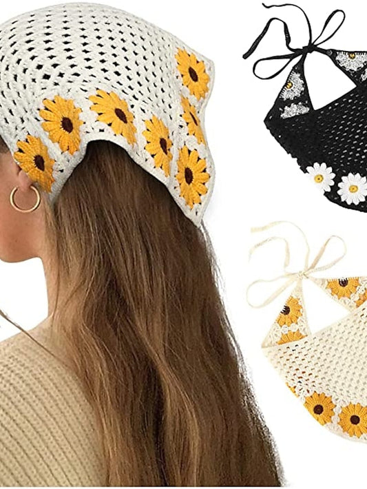 1pc Girls' Headbands Floral Crochet Hair Bandanas Headscarf Women Hair Scarf Daisy Headband Vintage Head Kerchief for Girls for Women