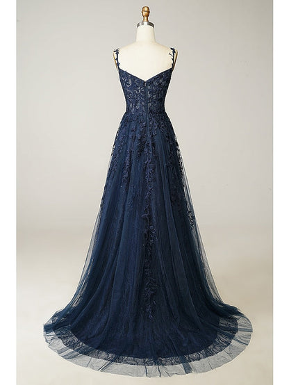 A-Line Prom Dresses See Through Dress Formal Sweep / Brush Train Sleeveless Sweetheart Tulle Backless with Beading Slit Appliques 2023