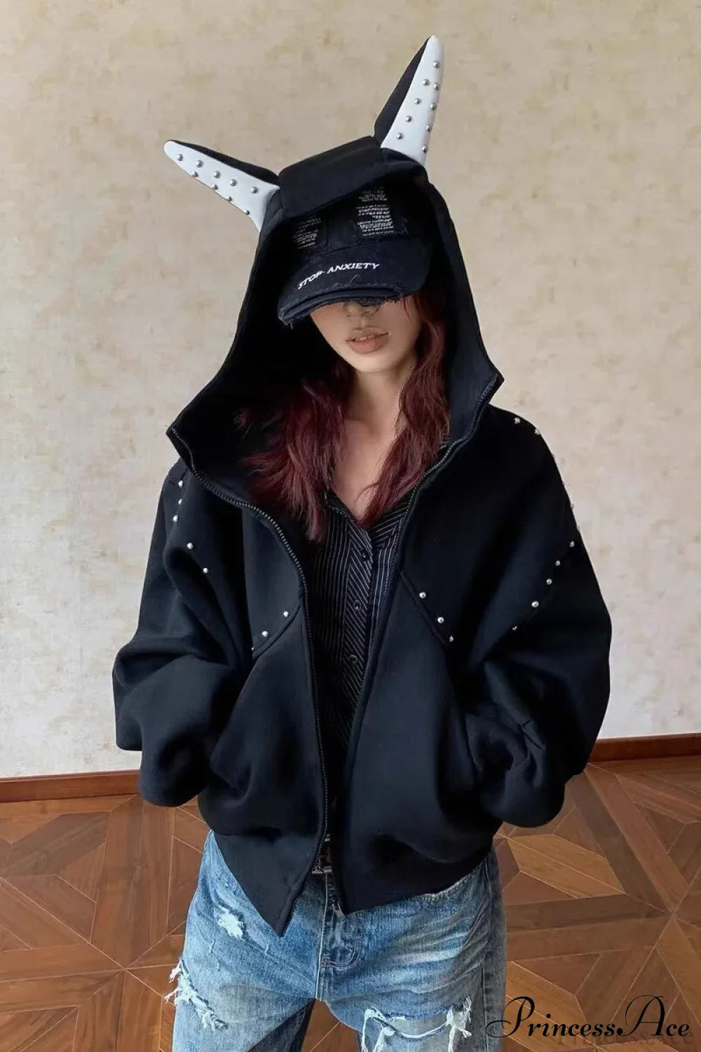 Doberman Ear Trimmed Rivet Patchwork Cropped Zip Hoodie
