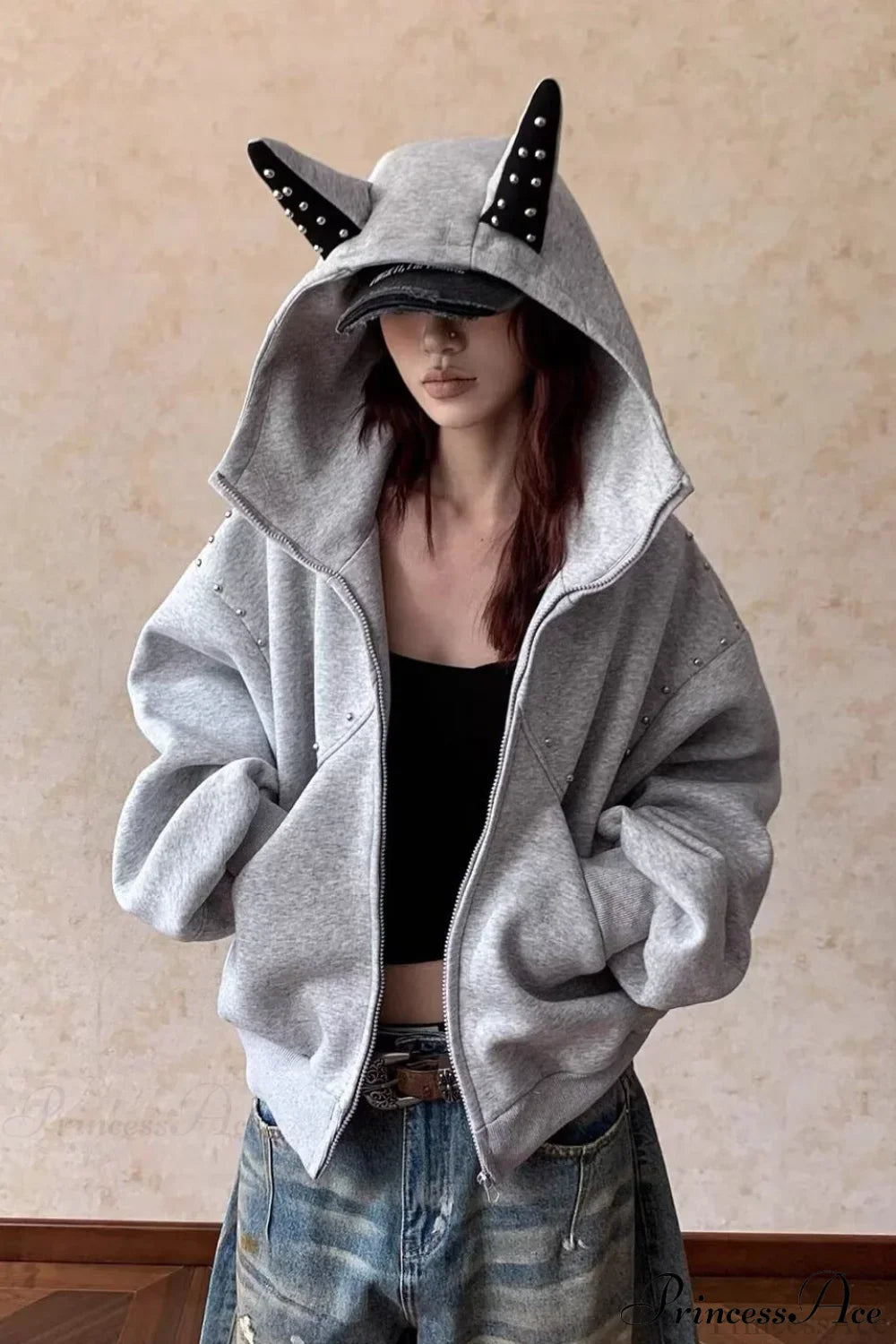 Doberman Ear Trimmed Rivet Patchwork Cropped Zip Hoodie