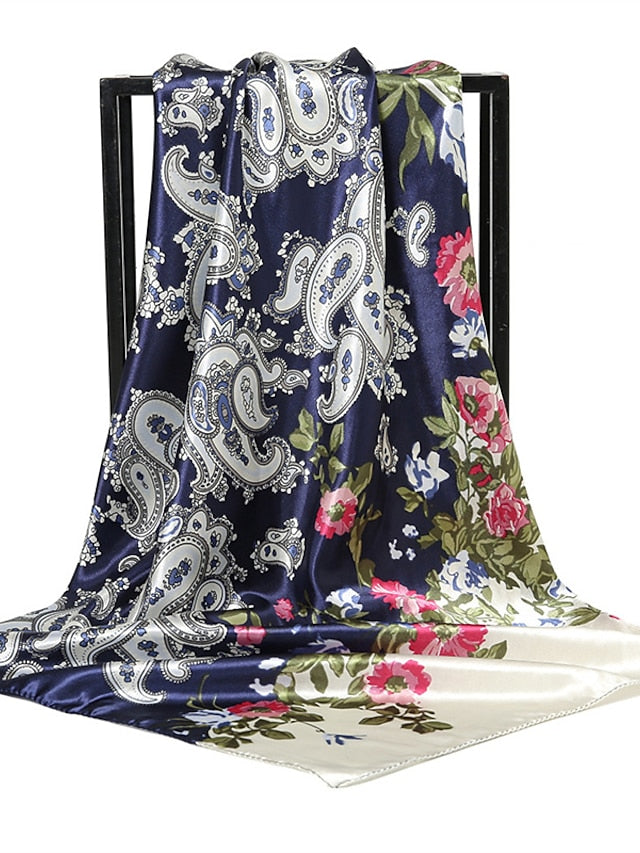 1pcs 90*90cm New Flower Square Silk Scarf Women Print Hijab Headband Wraps Muslim Headscarf Bandana for Women