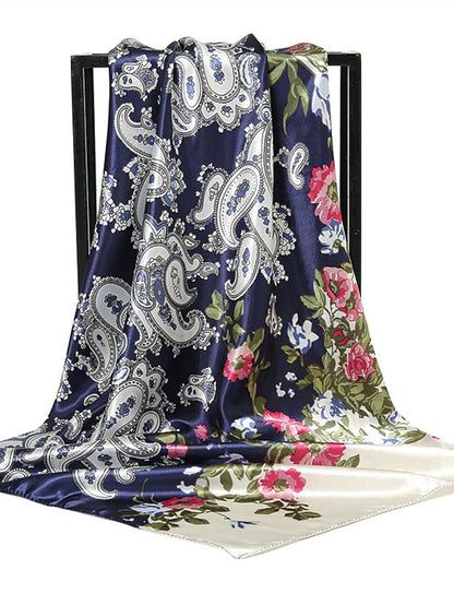 1pcs 90*90cm New Flower Square Silk Scarf Women Print Hijab Headband Wraps Muslim Headscarf Bandana for Women