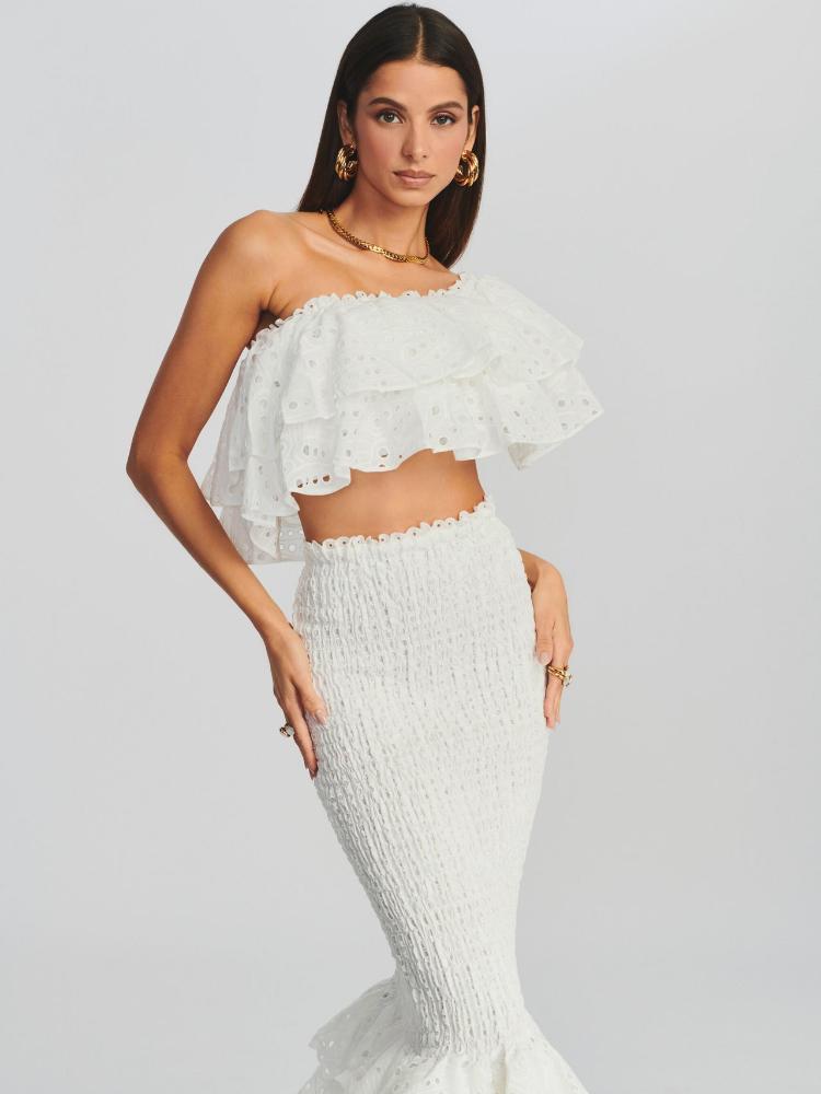 Conjunto de vestido largo con volantes escalonados y encaje bordado Dolly