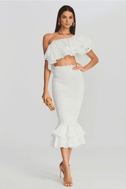 Conjunto de vestido largo con volantes escalonados y encaje bordado Dolly