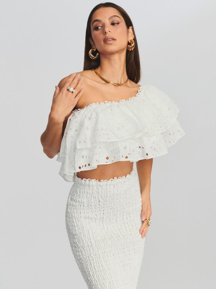Conjunto de vestido largo con volantes escalonados y encaje bordado Dolly