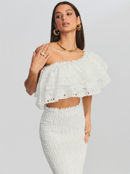 Conjunto de vestido largo con volantes escalonados y encaje bordado Dolly