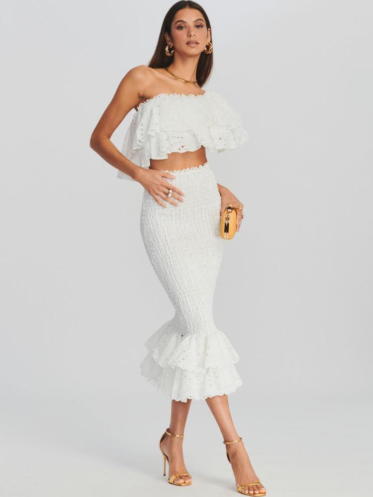 Conjunto de vestido largo con volantes escalonados y encaje bordado Dolly