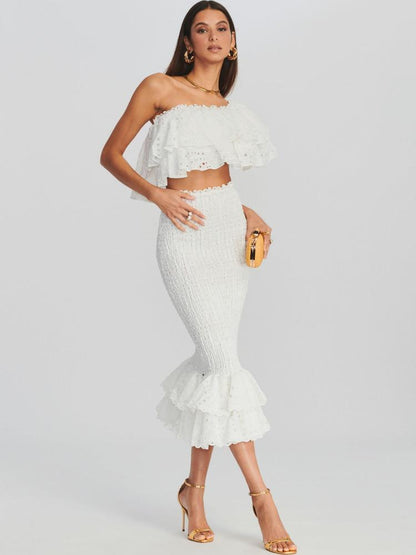 Conjunto de vestido largo con volantes escalonados y encaje bordado Dolly