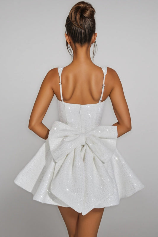 Luead White Sequin Bow Mini Dress