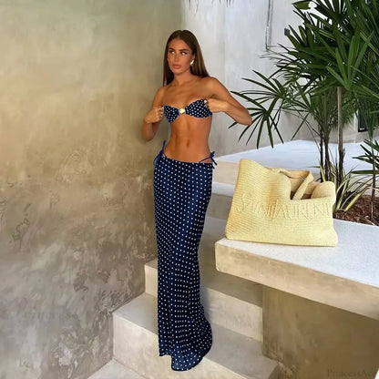 Dot Bandeau Skirt Three Piece Swimsuit