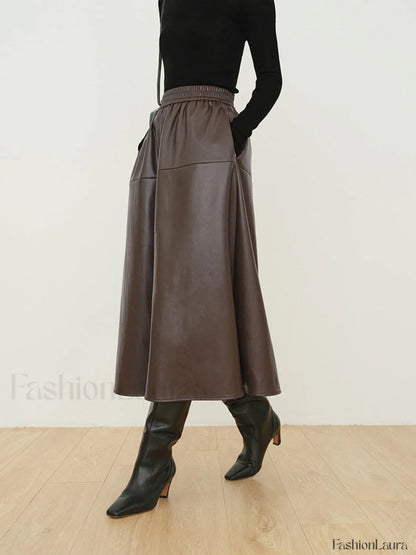 Double Pockets Graceful Leather Maxi Skirt