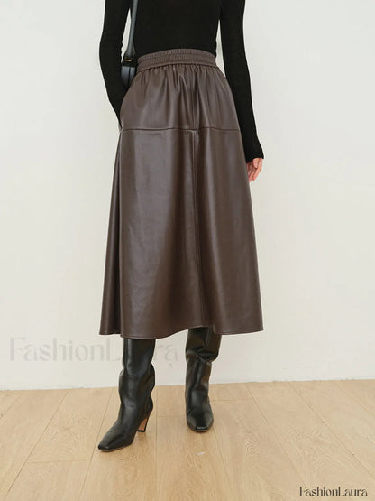 Double Pockets Graceful Leather Maxi Skirt