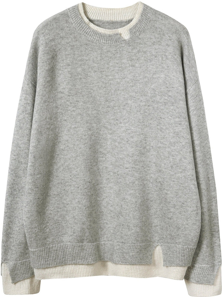 Jersey de punto oversize con aberturas para mujer, moderno, en gris y blanco | Ideal para otoño/invierno