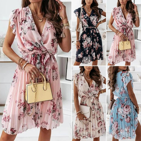 Women’s Classic Double Breasted Floral Print Midi Dress with Ruffle Sleeves | Ideal for Spring/Summer