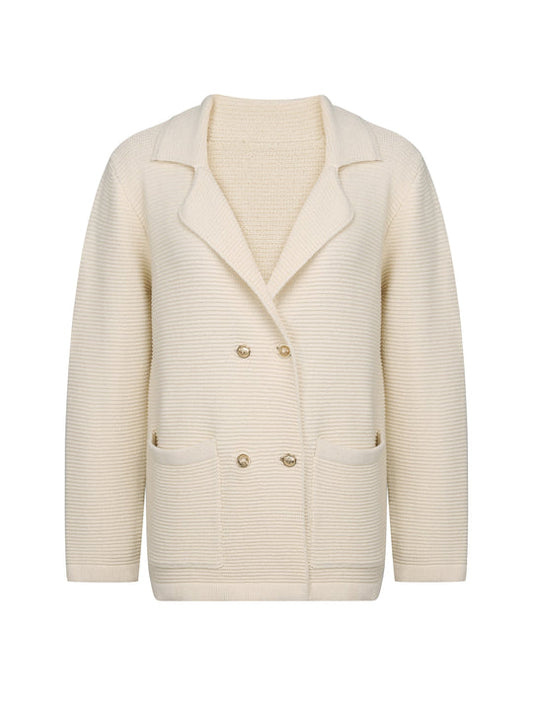 Women's Elegant Geometric Beige Blazer with Pockets and Buttons | Ideal for All Seasons