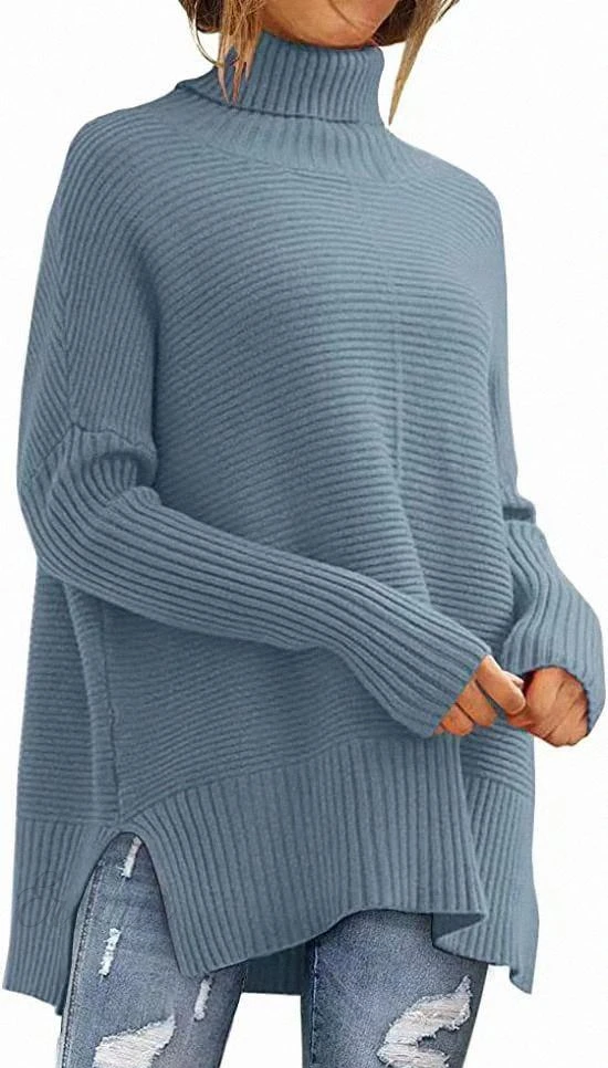 Jersey de punto azul moderno con cuello alto y abertura para mujer, con mangas murciélago | Ideal para otoño/invierno
