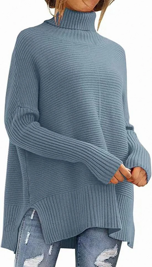 Jersey de punto azul moderno con cuello alto y abertura para mujer, con mangas murciélago | Ideal para otoño/invierno
