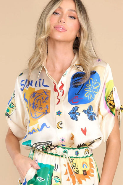 Conjunto de camisa y pantalón extragrande con estampado marfil