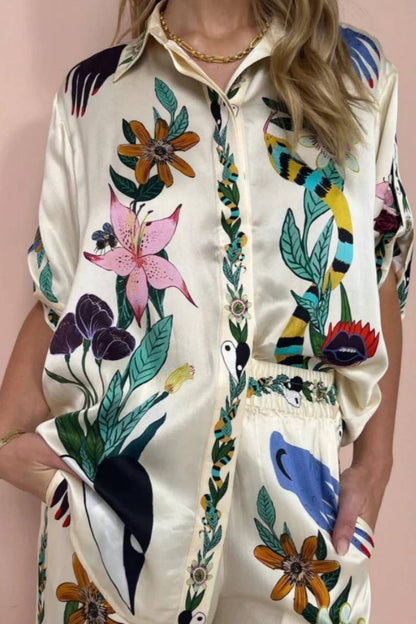 Conjunto de camisa y pantalón de satén con estampado Boho Natureza