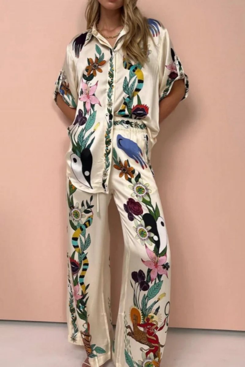 Conjunto de camisa y pantalón de satén con estampado Boho Natureza