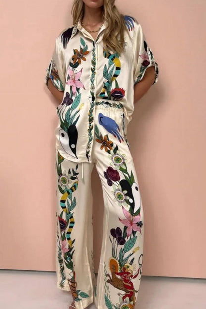 Conjunto de camisa y pantalón de satén con estampado Boho Natureza