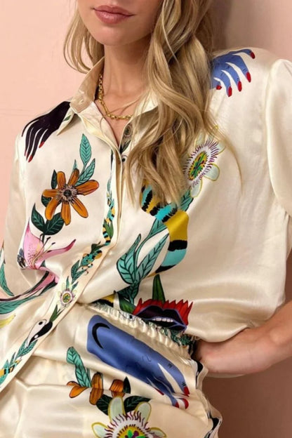 Conjunto de camisa y pantalón de satén con estampado Boho Natureza