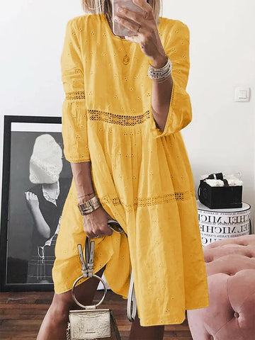 Vestido clásico midi de cuello redondo con ojales para mujer | Ideal para primavera/verano