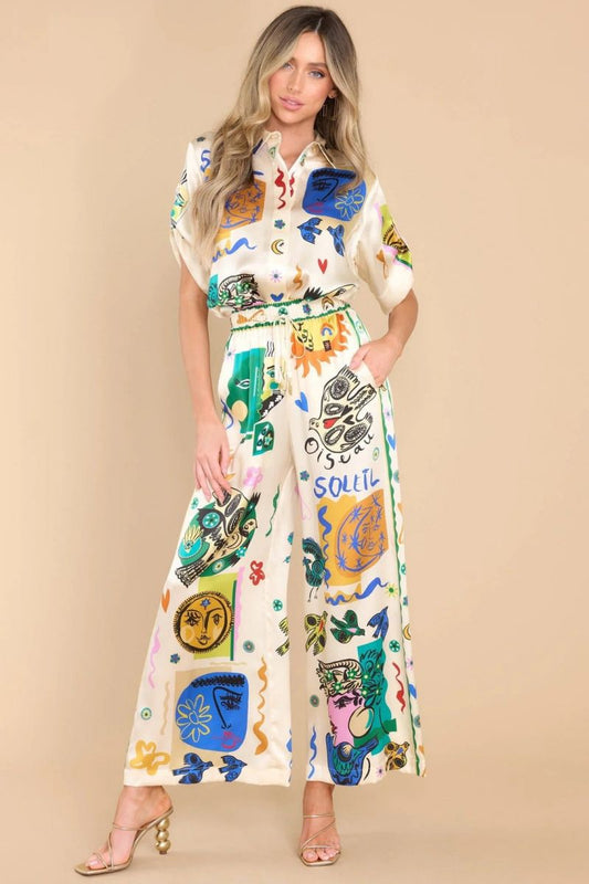 Conjunto de camisa y pantalón extragrande con estampado marfil