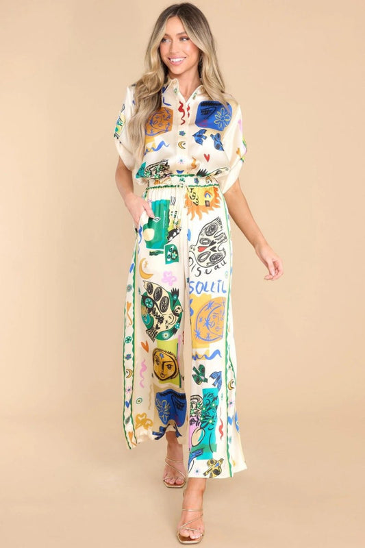 Conjunto de camisa y pantalón extragrande con estampado marfil