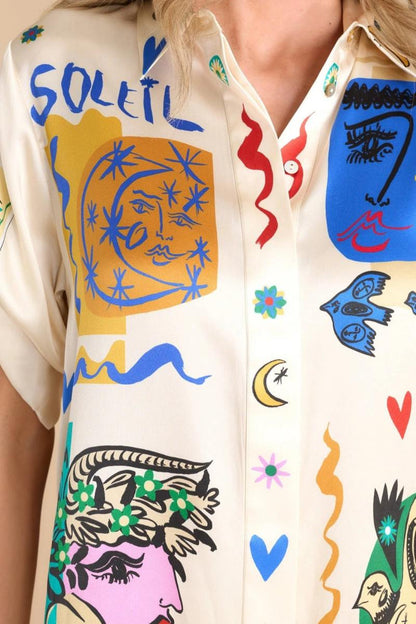 Conjunto de camisa y pantalón extragrande con estampado marfil