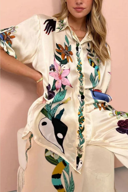 Conjunto de camisa y pantalón de satén con estampado Boho Natureza