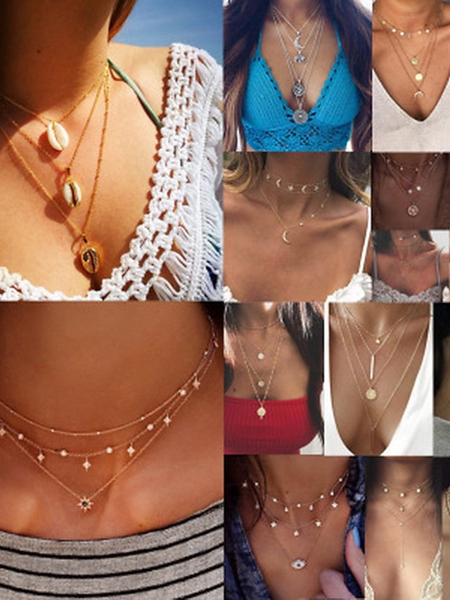 Choker Necklace Charm Necklace Layered Star Ladies Punk Lolita Bohemian Fashion Rhinestone Alloy Gold Layer Necklace 1 Layer Necklace 2 Layer Necklace 3 Layer Necklace 4 40 cm Necklace Jewelry for Women