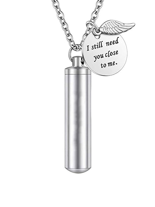 cylinder urn necklace for ashes cremation jewelry/keychain for human pet stainless steel memorial keepsake pendant with angel wing charm ashes jewelry-silver m for Women