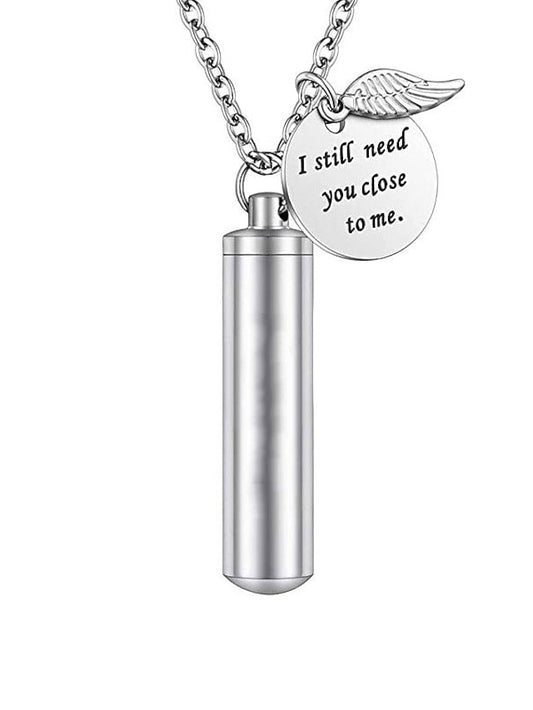 cylinder urn necklace for ashes cremation jewelry/keychain for human pet stainless steel memorial keepsake pendant with angel wing charm ashes jewelry-silver m for Women