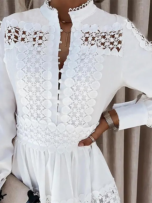 A Line Dress Mini Dress White Long Sleeve Pure Color Lace Summer Spring Stand Collar Fashion Winter Dress Fall Dress  S M L XL XXL 3XL for Women
