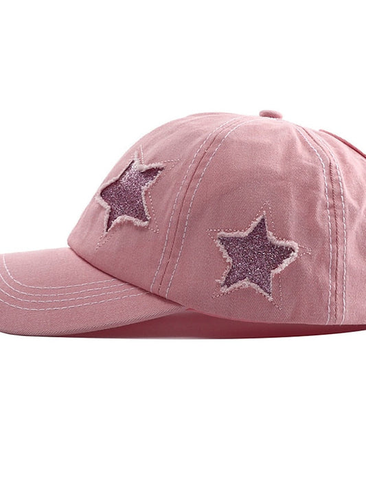 Men Washed Cotton Baseball Cap Glitter Star Embroidery Vintage Distressed Messy High Bun Ponytail Hole Trucker Hat Adjustable Sun Hat for Women
