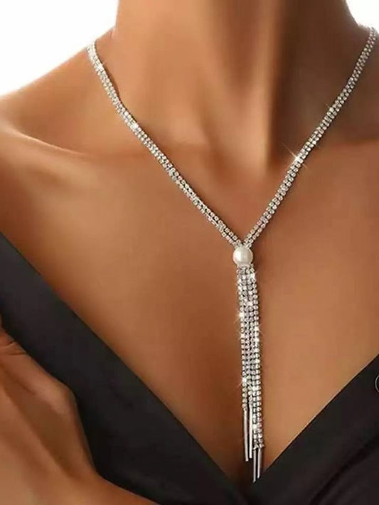 1PC Necklace Women Crystal Jewelry Set Rhinestone Layered Choker Necklaces Long Tassel Necklaces Crystal Bracelet Cuff Bangles Diamond Tassel Dangle Earrings for Women