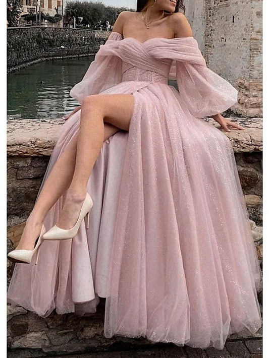 A-Line Prom Dresses Corsets Dress Formal Floor Length Long Sleeve Off Shoulder Tulle with Glitter Ruched Slit 2023