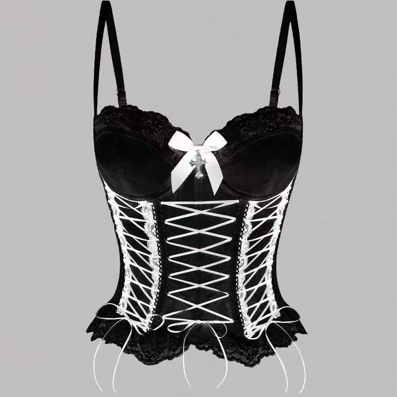 Bowknot button corset lace hem cami top  | Festival Outfits Women