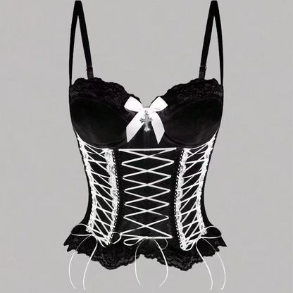 Bowknot button corset lace hem cami top  | Festival Outfits Women