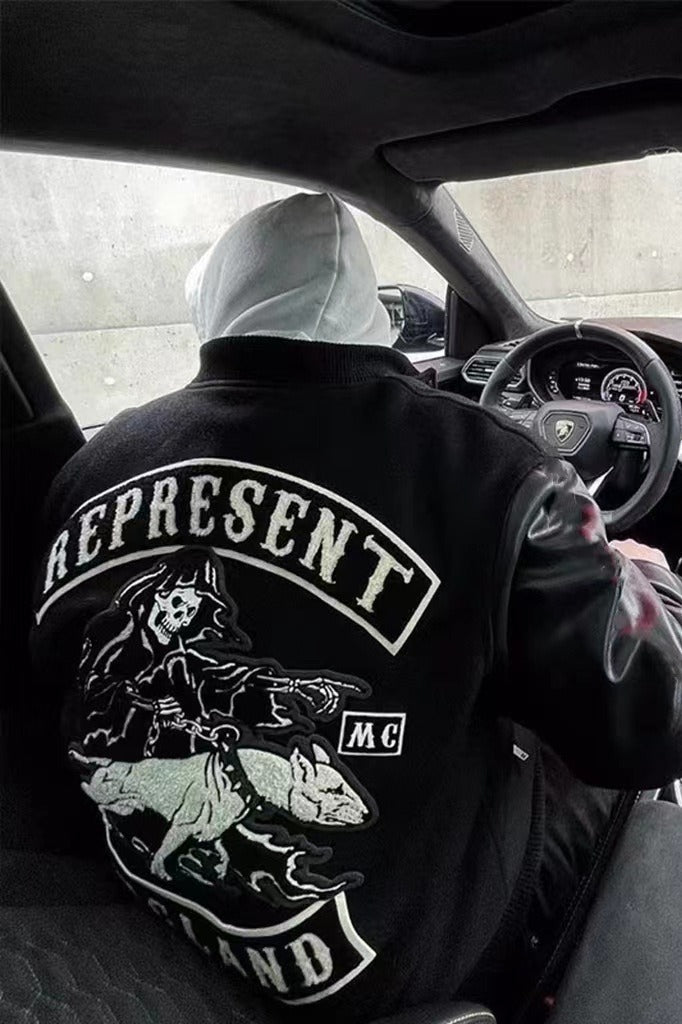 Dog Embroidered Leather Sleeve American Retro Baseball Jacket