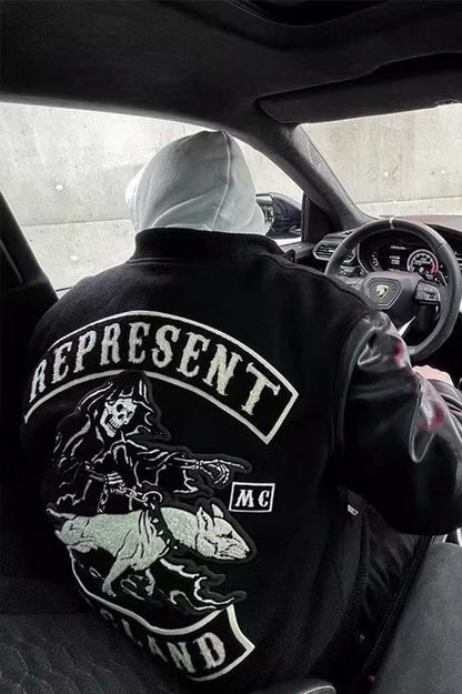 Dog Embroidered Leather Sleeve American Retro Baseball Jacket