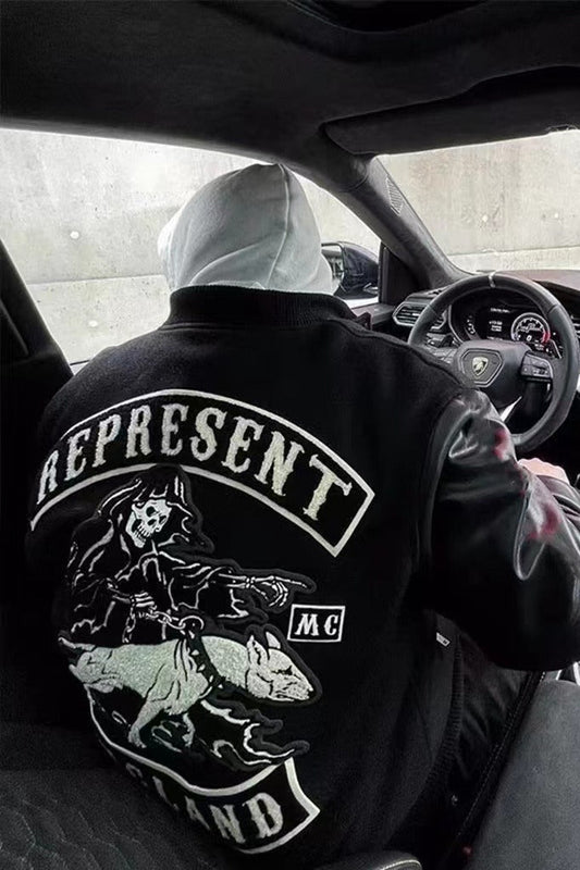 Dog Embroidered Leather Sleeve American Retro Baseball Jacket