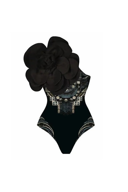 Traje de baño de una pieza con estampado floral y flor negra 3D
