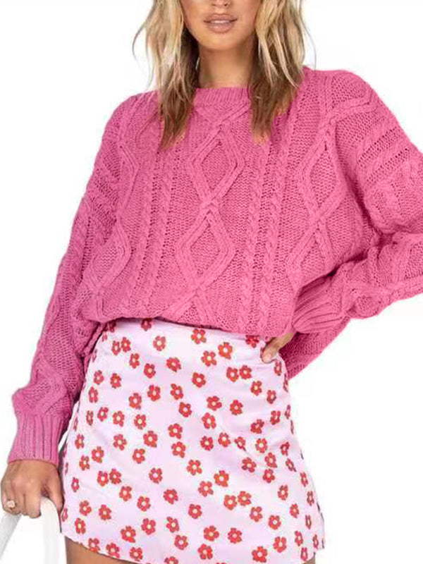 Solid Crew Neck Cable Knit Sweater