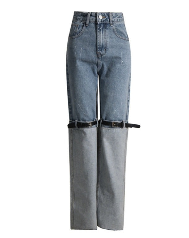 High-Rise Contrast Turn-up Straight-Leg Hybrid Jeans