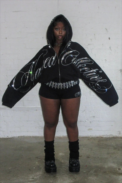 Hip Hop Letters Rhinestone Zipper Hoodie