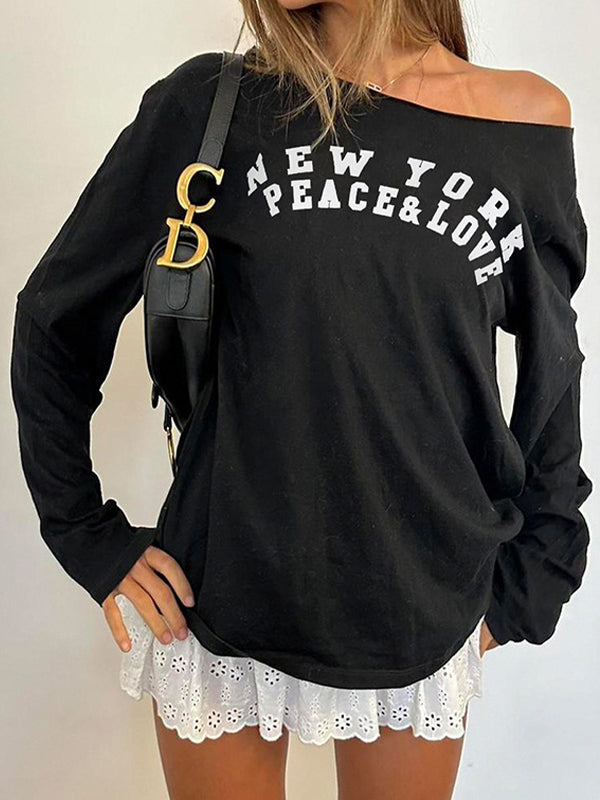 Retro Letter Print Oversized Long Sleeve Tee