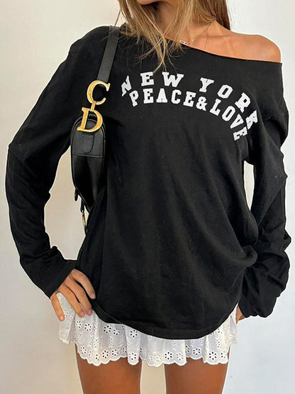 Retro Letter Print Oversized Long Sleeve Tee