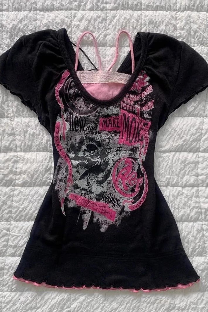 Vintage Washed Graphic Fake Two-Piece Cami T-shirt
